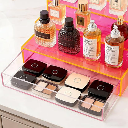 Perfume Organizer for Women Acrylic Perfume Display Shelf with Drawer 4-Tier Makeup Stand for Vanity Cosmetic Display Case, Neon Pink