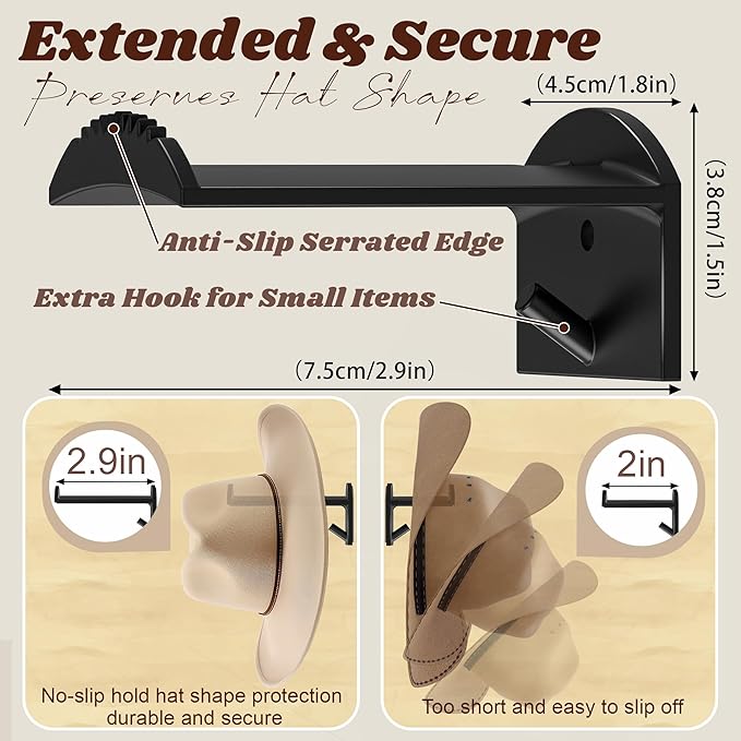 2.9Inch Hat Hooks for Wall - (8 Pack) Cowboy Hat Rack,SuitableSun Hats, Fedora, Wide Brim Hats Strong Hold Hat Hangers for Wall，Western Room Decor- (Black)