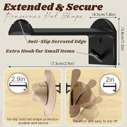 2.9Inch Hat Hooks for Wall - (8 Pack) Cowboy Hat Rack,SuitableSun Hats, Fedora, Wide Brim Hats Strong Hold Hat Hangers for Wall，Western Room Decor- (Black)