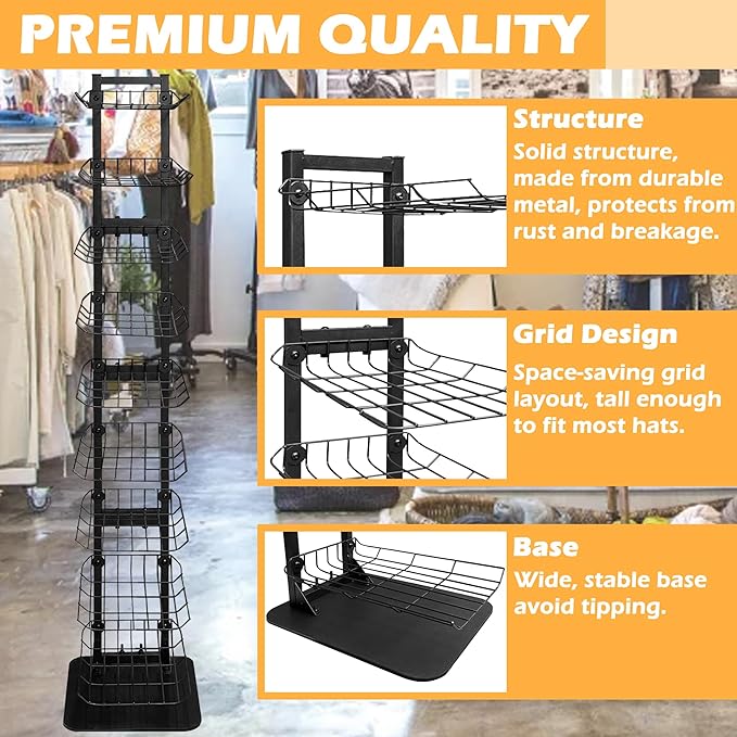 Hat Display 9 Tier, Hat Rack Stand Up to 70 Caps, Metal Hat Stands for Multiple Hats, Commercial Retail Hats Display, Black