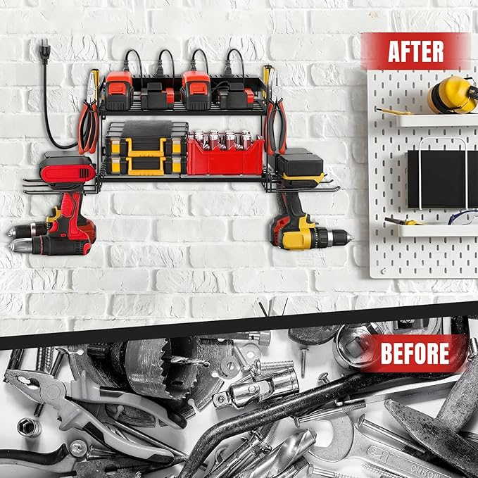 Garage Tool Organizer with Charging Station & Power Strip - 4 Drill Holder Wall Mount Rack, Heavy Duty Metal Shelf for Workshop Organization