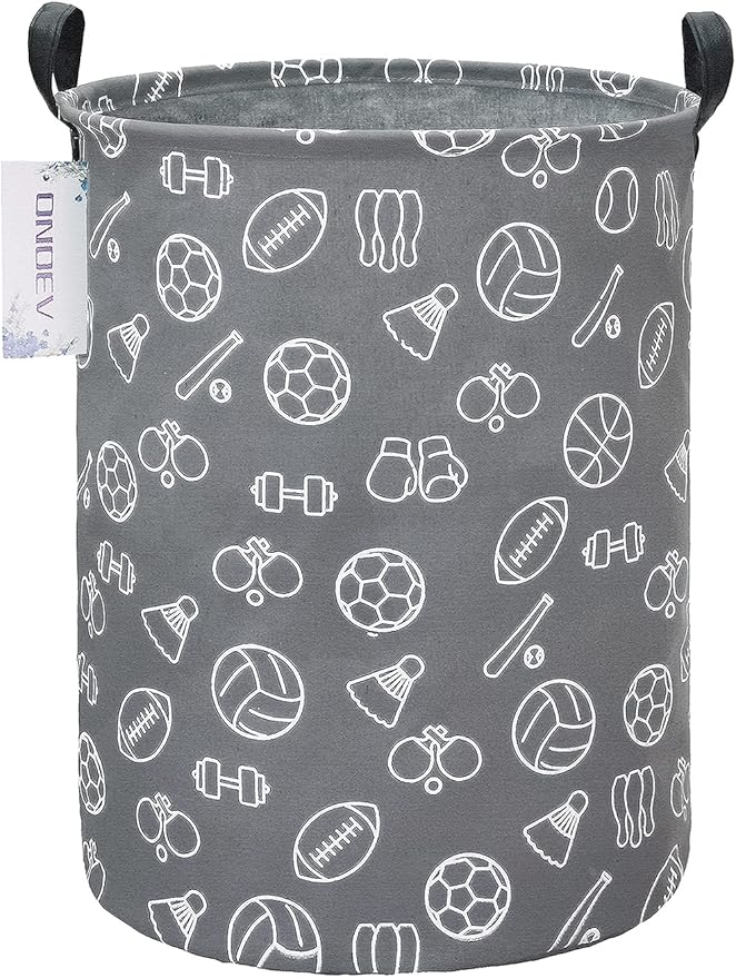 Round Sports Themed Laundry Basket, Collapsible Laundry Hamper for Boys,Cute Ball Print Storage Bin,Waterproof Toy Storage for Kids Room,Nursery,Playroom,New Parent Gift(Grey Sports Ball)