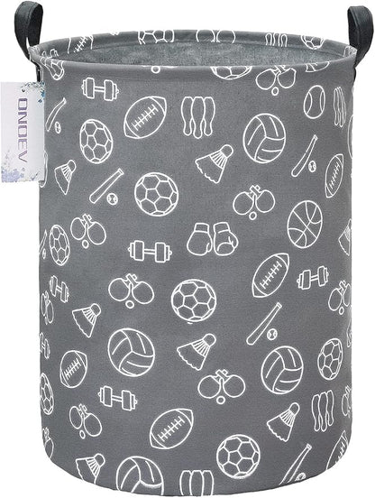 Round Sports Themed Laundry Basket, Collapsible Laundry Hamper for Boys,Cute Ball Print Storage Bin,Waterproof Toy Storage for Kids Room,Nursery,Playroom,New Parent Gift(Grey Sports Ball)