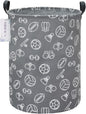 Round Sports Themed Laundry Basket, Collapsible Laundry Hamper for Boys,Cute Ball Print Storage Bin,Waterproof Toy Storage for Kids Room,Nursery,Playroom,New Parent Gift(Grey Sports Ball)