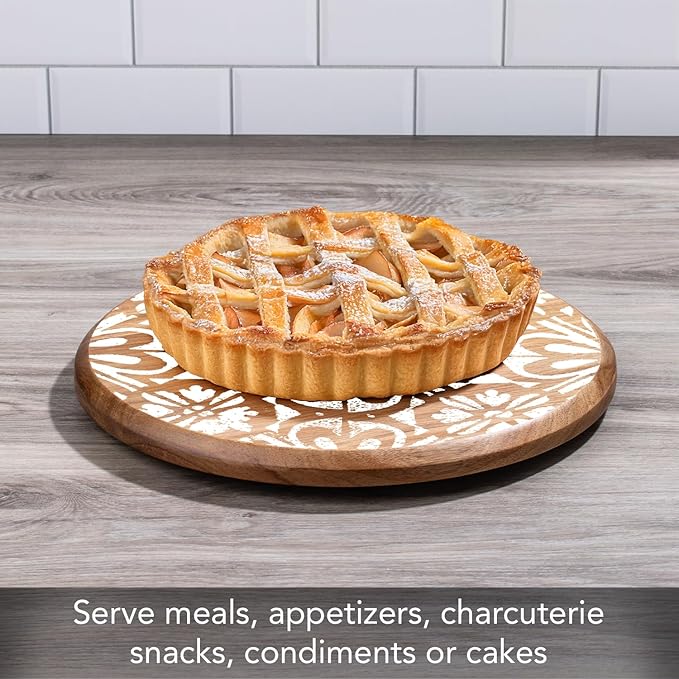 CounterArt Decorative Round Natural Wood Lazy Susan Turntable 14" Diameter Condiment Caddy, Cheese Server, Cake Plate, Spice Organization (White Tile Medallion)