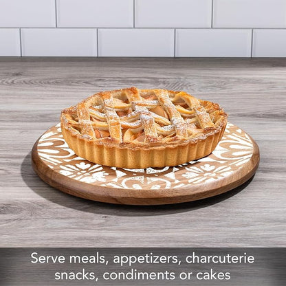 CounterArt Decorative Round Natural Wood Lazy Susan Turntable 14" Diameter Condiment Caddy, Cheese Server, Cake Plate, Spice Organization (White Tile Medallion)