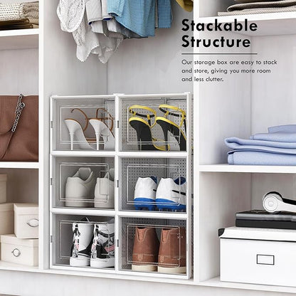 Clear Storage Bins for Shoes, 6 Pack Stackable Plastic Boxes With Lids for Closet Organization & Display
