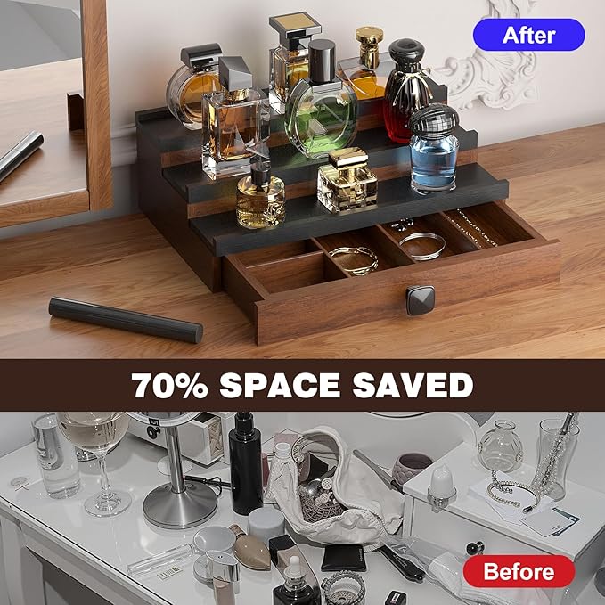Cologne Organizer for Men: with Hidden Vault & Drawer, 3 Tier Wooden Cologne Stand Desktop Perfume Display Shelf, Bedroom Dresser Makeup Lotion Jewelry Storage Organizer ﻿