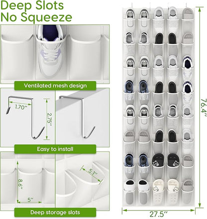 Over the Door Shoe Organizer with 40 Large Breathable Mesh Pockets, Space Saving Shoe Holder, Hanging Shoe Rack for Entryway Bedroom Closet Storage (White, 40 Pockets)