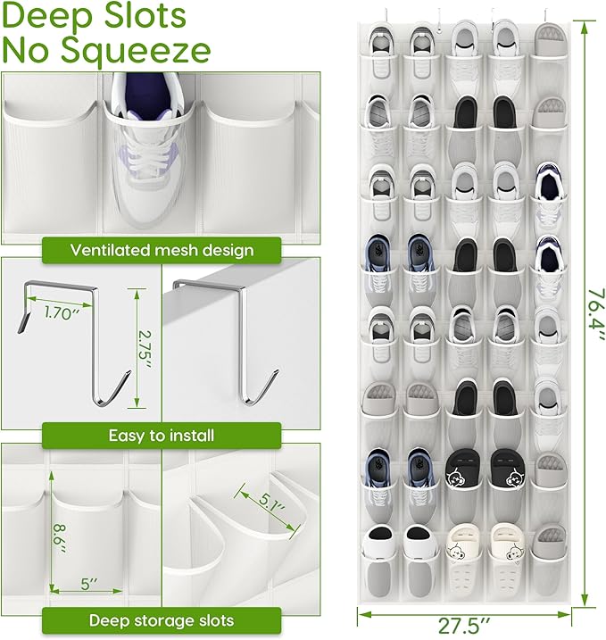 Over the Door Shoe Organizer with 40 Large Breathable Mesh Pockets, Space Saving Shoe Holder, Hanging Shoe Rack for Entryway Bedroom Closet Storage (White, 80 Pockets)