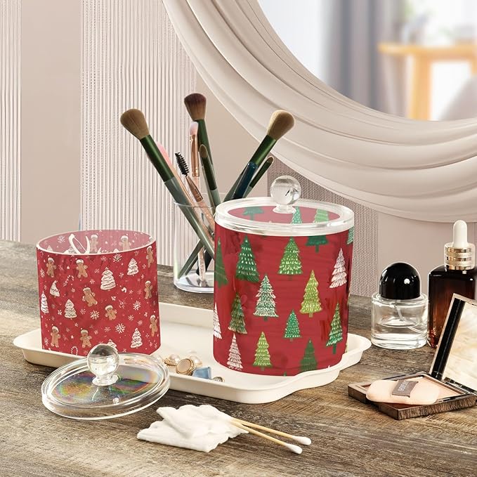 2 Pack Qtip Dispenser Apothecary Jars with Lids Cotton Round Holder Bathroom Canisters for Cotton Swab Floss Ball Pads Clear Plastic Decorative Red Christmas Trees Gingerbread