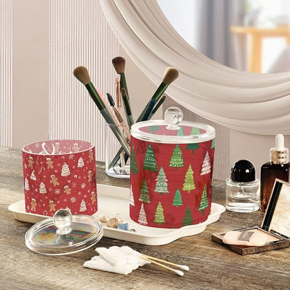2 Pack Qtip Dispenser Apothecary Jars with Lids Cotton Round Holder Bathroom Canisters for Cotton Swab Floss Ball Pads Clear Plastic Decorative Red Christmas Trees Gingerbread