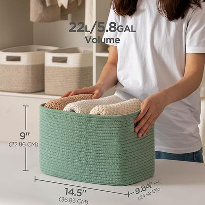 UBBCARE 2 Pack Storage Baskets for Organizing, Shelf Baskets with Handles, Woven Storage Baskets for Bookcase/Cube Shelf/Closet, 14.5"L x 9.8"W x 9"H, Green