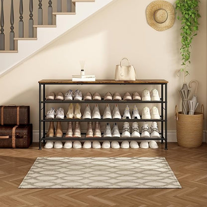 SUOERNUO Shoe Rack Organizer 4 Tier for Closet Entryway Free Standing Metal Storage Shoe Shelf with MDF Top Board (Black+Rustic Brown, Large 4 Tier)