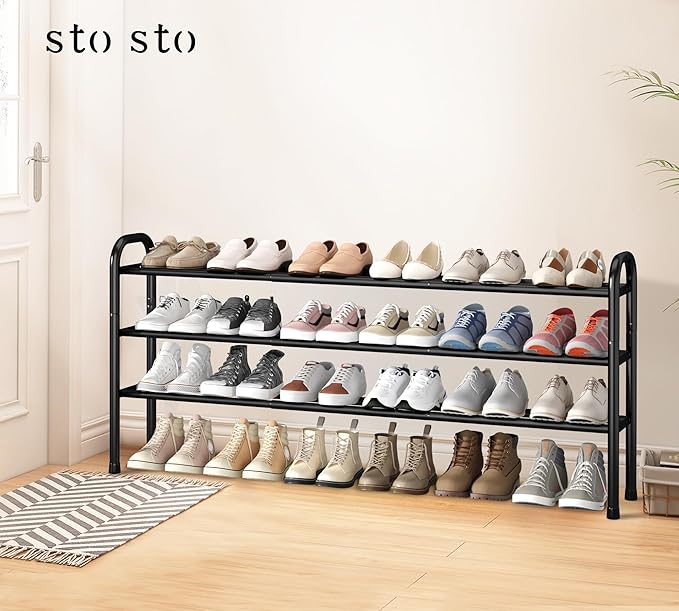 STO STO Long Expandable Shoe Rack 3-Tier, Adjustable Length 33.7”–47.5” Shoe Organizer, Metal Shoes Storage Shelf, Holds Up to 24 Pairs, Non-Slip Feet, for Closet, Entryway, Hallway, Front Door, Black