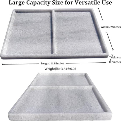10"x8" Natural Marble Decorative Tray – Dual‑Compartment Stone Vanity Organizer for Jewelry, Keys & Soap – Premium Heat‑Resistant Bathroom Decor Gift(Belken White)