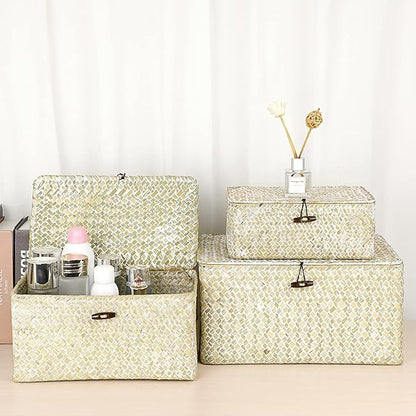 Hipiwe Wicker Shelf Baskets Bin with Lid Natural Seagrass Basket Storage Boxes Small Woven Basket Multipurpose Home Organizer Bins Box for Shelf Closet Bedroom Living Room Home Decor, Whitewash