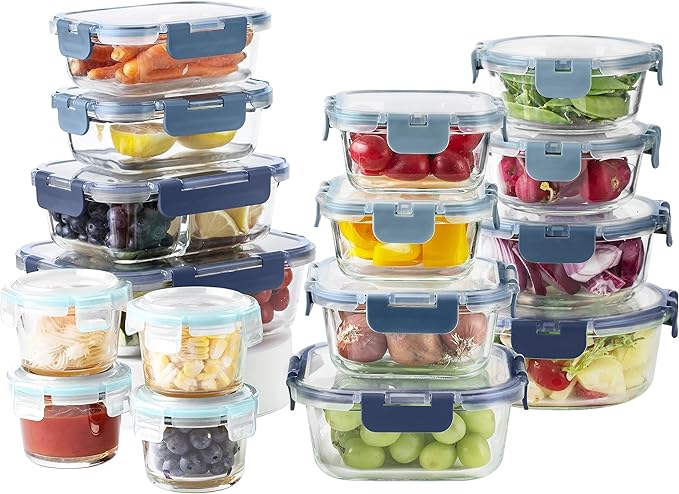 COOK WITH COLOR Premium 32-Pc. Borosilicate Glass Food Container Set with Dividers - 4 Rectangles, 8 Rounds, 4 Squares - Leakproof Lids - Meal Prep, Storage, Blue