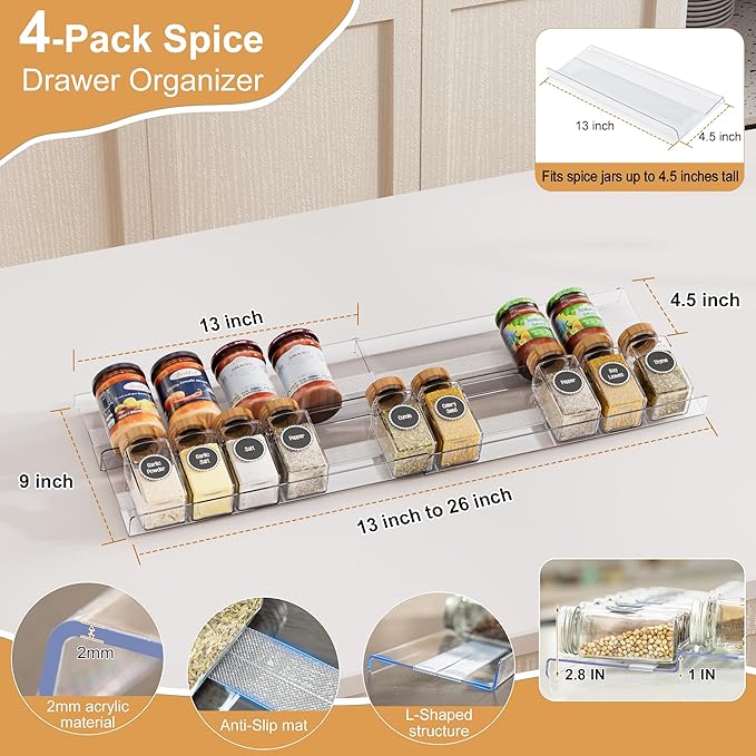 4-Pack Adjustable Spice Rack Organizer for Drawer, Expandable Seasoning Storage (13" to 26") with Anti-Slip Mat, Acrylic Tiered Spice Tray for Condiment, Nail Polish and Jar Organization