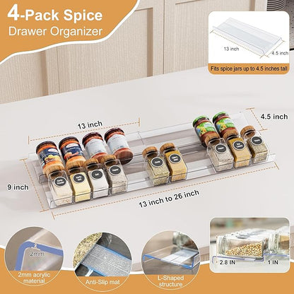 4-Pack Adjustable Spice Rack Organizer for Drawer, Expandable Seasoning Storage (13" to 26") with Anti-Slip Mat, Acrylic Tiered Spice Tray for Condiment, Nail Polish and Jar Organization
