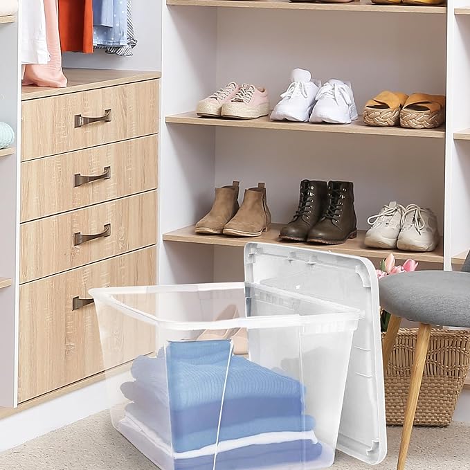 HOMZ 2-Pack Snaplock, Large Clear Plastic Storage Organizer Bins w/Lids, 56 Quart, White - Stackable Container Boxes for Bedroom, Bathroom, Garage, and Office Organization