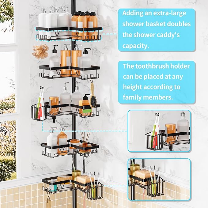 DAOYA Adjustable Tension Pole Shower Caddy, 5-Tier Stainless Steel Shower Shelf Organizer with 2 Movable Toothbrush Holders, 25-115 Inches Extendable Bath Tub Conner Storage Shelf for Family, Black