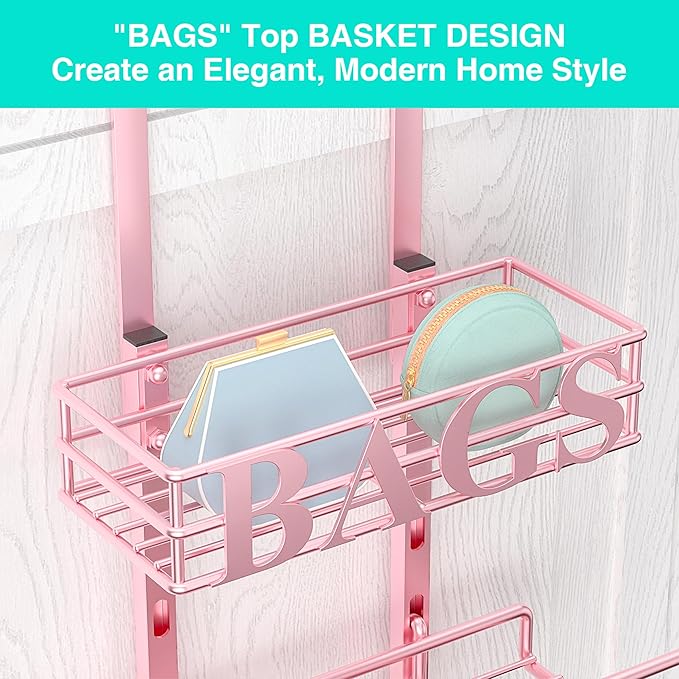 HapiRm Over Door Purse Organizer - Adjustable Purse Storage Rack with Bags Design Metal Basket, Wall Mounted Handbag Organizer, Hanging Handbag Holder, Can Use As 1/2 Part Detachable
