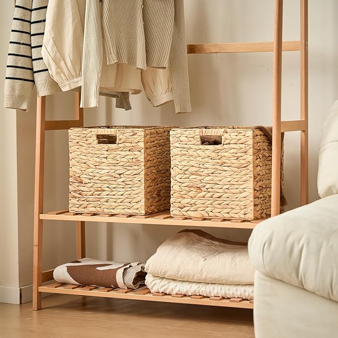 Handwoven Water Hyacinth Storage Baskets set of 4 Foldable Cube Bins Storage Oragnizer for Cabinet Shelf Bedroom Living Room (Natural, 13" L x 13" W x 13" H)