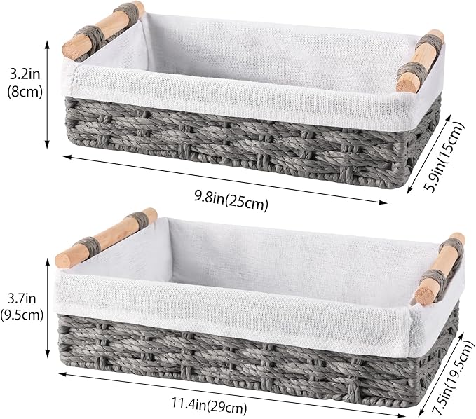 HomeHacks 2 Pack Storage Basket Paper Rope Baskets for Organizing with Handle Decorative Storage Bins for Countertop Toilet Paper Basket for Toilet Tank Top Small Baskets, Grey