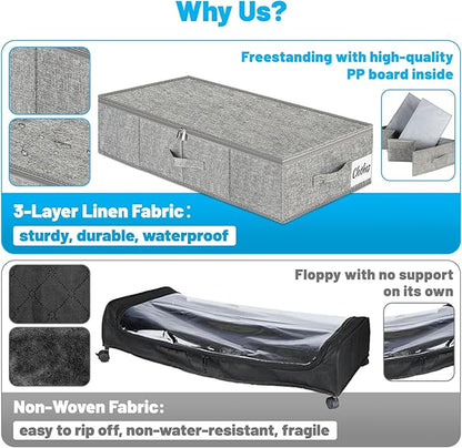 Under Bed Storage Container Bins 2 Pack, 4.5 Inch Slim Low Profile Underbed Clothes Storage Organizer for Dorm & Home, Use for Blanket and Toy Storage Box W/ Sturdy Bottom/Sides, Foldable Thick Fabric
