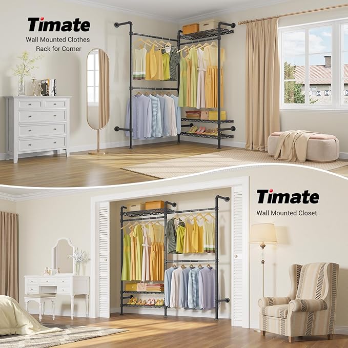 Timate F2 Industrial Pipe Clothes Rack Wall Mounted Clothing Rack for Hanging Clothes, Expandable Garment Racks Heavy Duty Wardrobe Closet Organizer and Storage, Black Adjustable Industrial Closet Kit