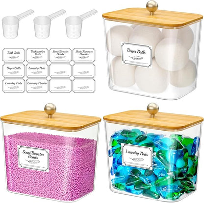 Lifewit Laundry Pods Container with Lid, Dryer Sheet Holder, Room Organization Storage for Coffee Pods Kcup Washing Powder, Scent Booster Beads, 2600 ml/0.7gal，Natural,3 Pcs