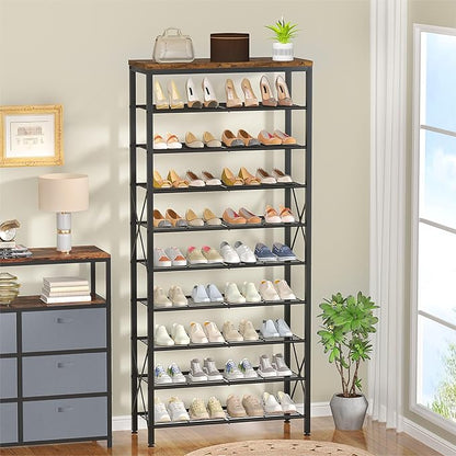 10-Tier Shoe Rack Holds 40 Pairs, Space Saving Shoe Organizer for Entryway Closet Apartment, Industrial Metal Shoe Shelf with Wooden Top, Rustic Brown