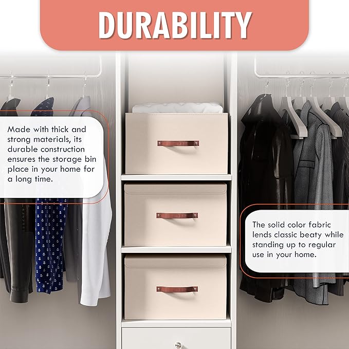 Ornavo Home 3 Pack Collapsible Storage Bins with Lid, Foldable Linen Fabric Shelf Storage Basket Closet Organizer and Large Storage Box for Clothes with Leather Handles, 15 x 10 x 9, Beige