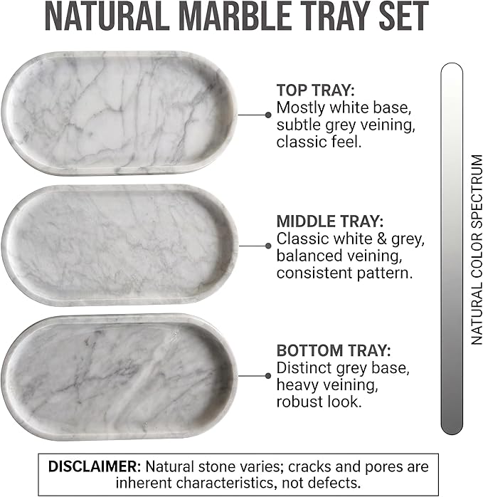 YKAJO Oval Real Marble Tray for Bathroom Kitchen Counter Stone Decorative Vanity Tray for Dresser Perfume Heavy Catchall Organizer for Soap Jewelry (Carrara White, 11.8" x 5.9")