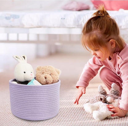 XUANGUO Small round Storage Basket - 3-Pack Round Cube Bins (10x10x7'') for Shelves, Closets & Bookcases | Durable Rope Organizers for Nursery, Baby, Toys, Easter & More (purple)