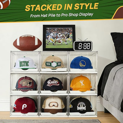 Vtopmart 6 Pack Hat Organizer for Baseball Caps, Clear Hats Holder Box with Drawer, Large Cap Storage with Sliding Tray, Stackable Rack Display Case with Magnetic Door, Each Holds 12 Hats