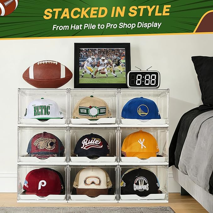 Vtopmart 2 Pack Hat Organizer for Baseball Caps, Clear Hats Holder Box with Drawer, Large Cap Storage with Sliding Tray, Stackable Rack Display Case with Magnetic Door, Each Holds 12 Hats