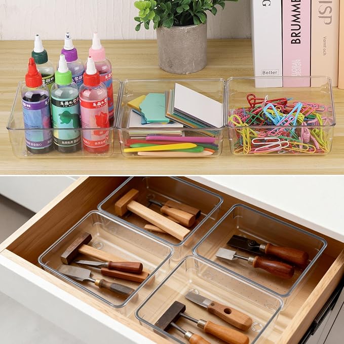 6 Pcs Large Clear Plastic Drawer Organizers Tray 6" x 6" Storage Bins with 25 Pcs Non-Slip Pads for Makeup, Jewelries, Kitchen Utensils, Bathroom and Office