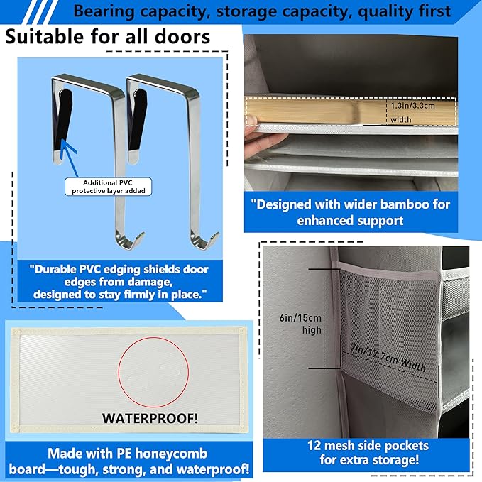 over the door organizer, Solid Bamboo Board (Not Plastic!) 6-Tier Heavy Duty 75LB, 12 Side Pockets, 3 Reinforced Hooks & Anti-Slip Pads, Waterproof & Washable, No Sagging, No Door Damage,Dusk Grey