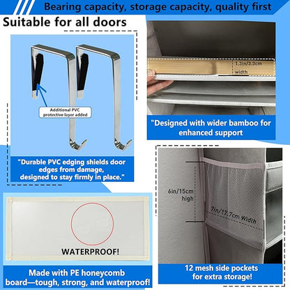 over the door organizer, Solid Bamboo Board (Not Plastic!) 6-Tier Heavy Duty 75LB, 12 Side Pockets, 3 Reinforced Hooks & Anti-Slip Pads, Waterproof & Washable, No Sagging, No Door Damage,Dusk Grey