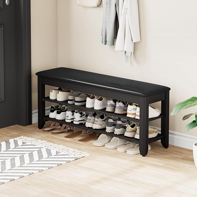 Homleke Shoe Rack Bench with Flip-Top Storage, Solid Wood Entryway Bench with Cushion, Adjustable Shelf, for Hallway, Mudroom, Closet – Black, 39.4"