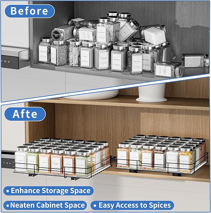 BOIVSHI Spice Rack Organizer for Cabinet, 1 Tier Pull Out Spice Rack, Spice Organizer for Cabinet, Kitchen and Pantry, Fits Spices, Sauces, Canned Food (12.5''Wx10.5''Dx2.5''H)