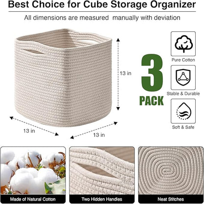 ICERZCZ 13 Inch Cube Closet Storage Bins, Woven Cotton Rope Organizer Baskets for Organizing & Shelves, Books, Towels, Clothes, Toys, 13x13x13 in, Off White (Pack of 3)
