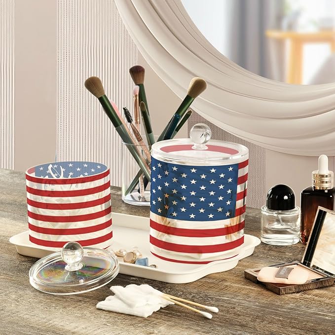 DOMIKING American Usa Flag 2 Pack Bathroom Canisters Cotton Swab Holder Dispenser Plastic Cotton Ball Jar Acrylic Storage Containers for Cotton Ball Cotton Round Pads Cotton Swab