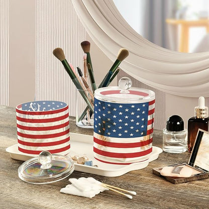 DOMIKING American Usa Flag 2 Pack Bathroom Canisters Cotton Swab Holder Dispenser Plastic Cotton Ball Jar Acrylic Storage Containers for Cotton Ball Cotton Round Pads Cotton Swab