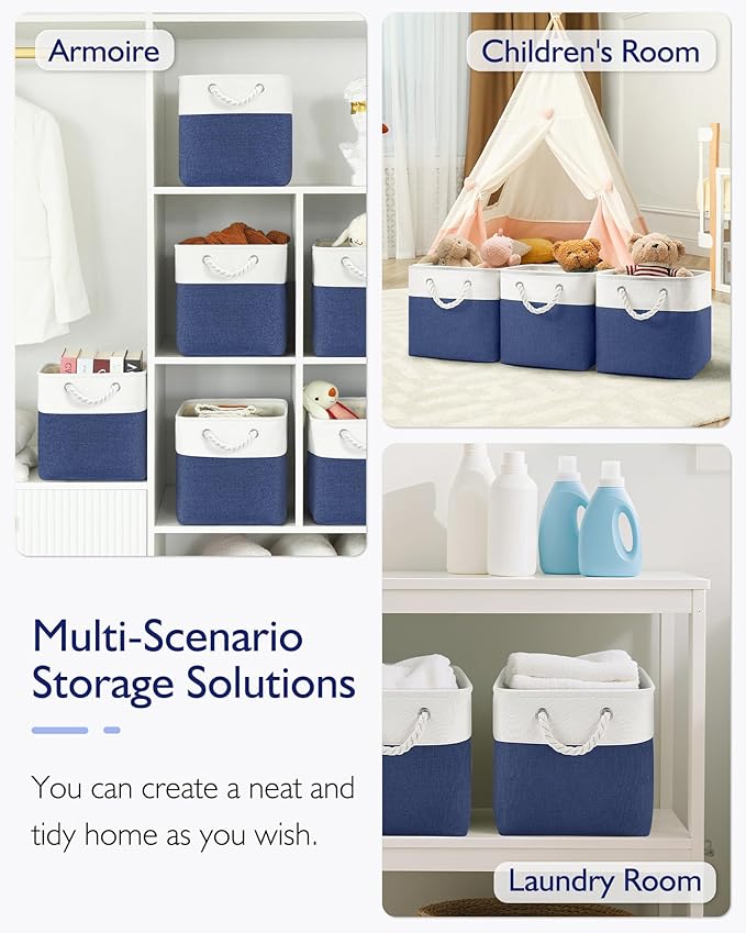 Patvingot 13x13x13 Cube Storage Bins,4 Pack Large Foldable Fabric Storage Cubes with Handles for Organizing Home, Closet, Shelf, Office(White&Blue)