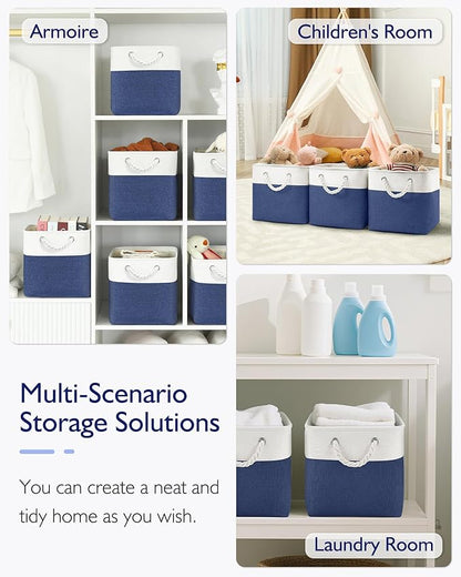 Patvingot 13x13x13 Cube Storage Bins,4 Pack Large Foldable Fabric Storage Cubes with Handles for Organizing Home, Closet, Shelf, Office(White&Blue)