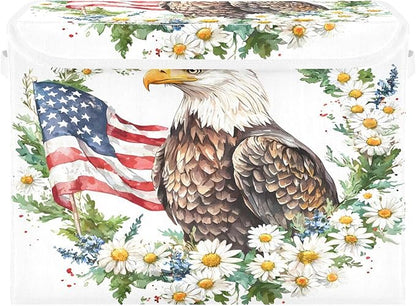 senya July Fourth Baskets Collapsible Storage Bins with Lids, Daisy Flower American Flag Bird Storage Boxes Clothes Baskets for Organizing