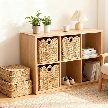Scalloped Wicker Storage Cubes Basket, 12”x12“ Heavy Duty Paper rope/Hyacinth/Seagrass Baskets for Shelves, Foldable Natural Boho Square Bins (Water Hyacinth&10.5 x 10.5 x 10.5in&4-Pack)